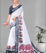 off white  linen cotton  animal digital print saree (white)