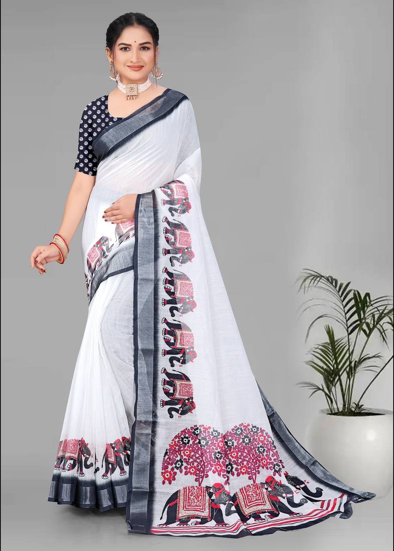 off white  linen cotton  animal digital print saree (white)