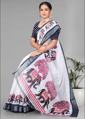 off white  linen cotton  animal digital print saree (white) 3