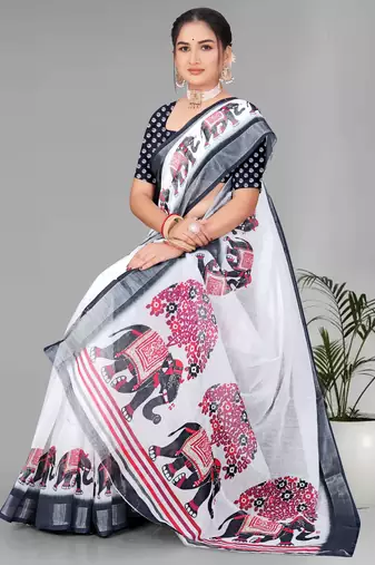 off white  linen cotton  animal digital print saree (white)