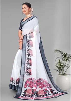 off white  linen cotton  animal digital print saree (white) 4