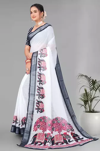 off white  linen cotton  animal digital print saree (white)