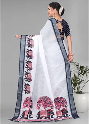 off white  linen cotton  animal digital print saree (white) 5