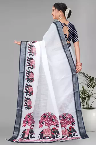 off white  linen cotton  animal digital print saree (white)