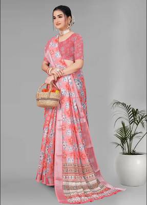 pink floral linen cotton digital print saree (pink) 1