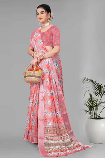 pink floral linen cotton digital print saree (pink)