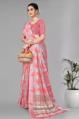 pink floral linen cotton digital print saree (pink)