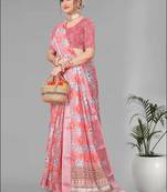 pink floral linen cotton digital print saree (pink)