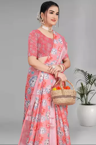 pink floral linen cotton digital print saree (pink)