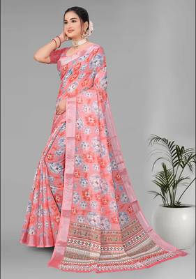 pink floral linen cotton digital print saree (pink) 4
