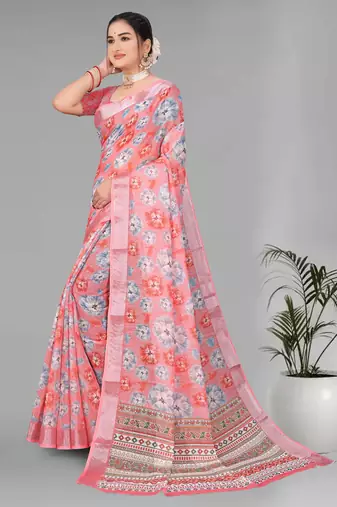 pink floral linen cotton digital print saree (pink)