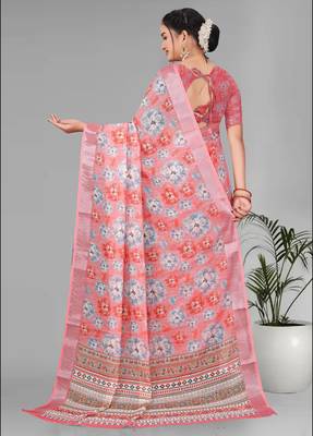 pink floral linen cotton digital print saree (pink) 5