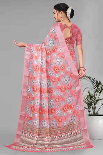 pink floral linen cotton digital print saree (pink)