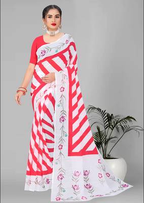 red  linen cotton lining  digital print saree ( pink ) 1