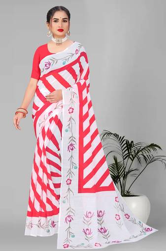 red  linen cotton lining  digital print saree ( pink )