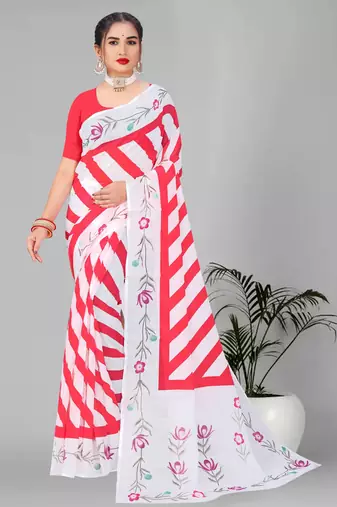 red  linen cotton lining  digital print saree ( pink )