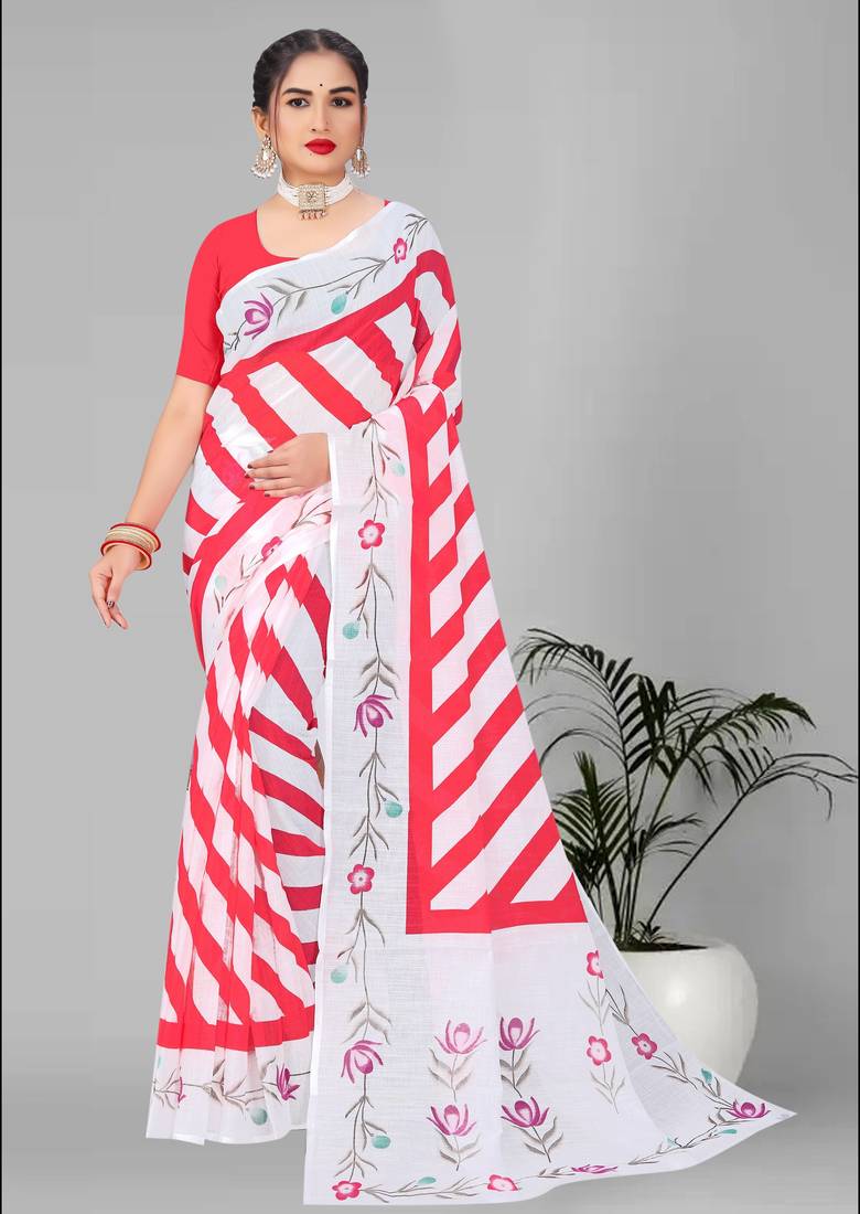 red  linen cotton lining  digital print saree ( pink )