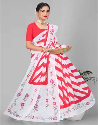 red  linen cotton lining  digital print saree ( pink ) 3