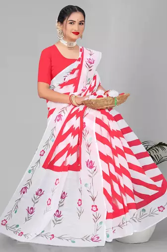 red  linen cotton lining  digital print saree ( pink )