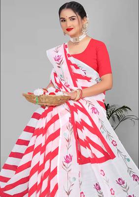 red  linen cotton lining  digital print saree ( pink ) 4