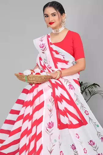 red  linen cotton lining  digital print saree ( pink )