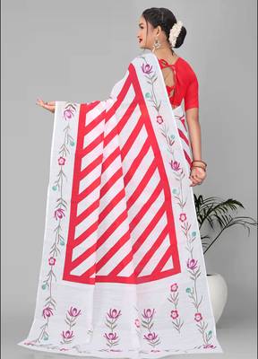 red  linen cotton lining  digital print saree ( pink ) 5
