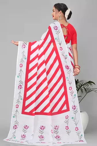 red  linen cotton lining  digital print saree ( pink )