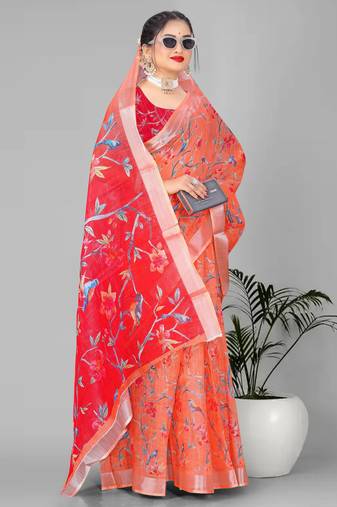 orange floral linen cotton digital print saree (orange)