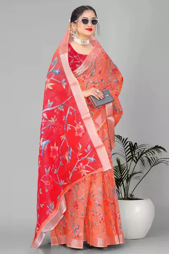 orange floral linen cotton digital print saree (orange)