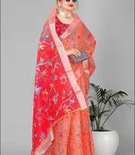 orange floral linen cotton digital print saree (orange)