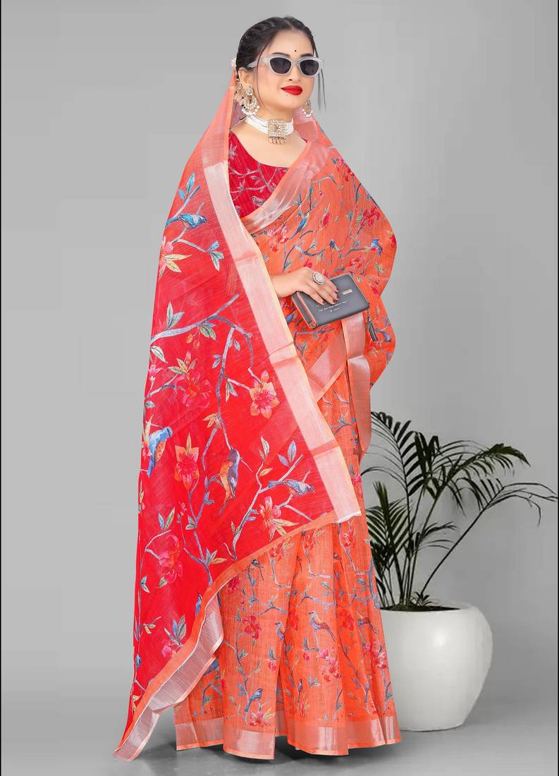 orange floral linen cotton digital print saree (orange)