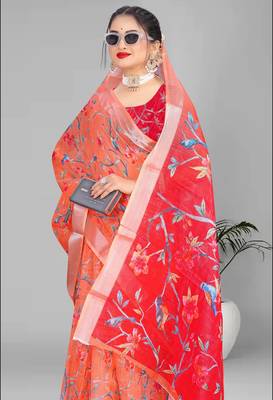 orange floral linen cotton digital print saree (orange) 3