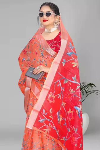 orange floral linen cotton digital print saree (orange)