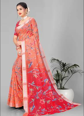 orange floral linen cotton digital print saree (orange) 4