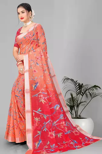 orange floral linen cotton digital print saree (orange)