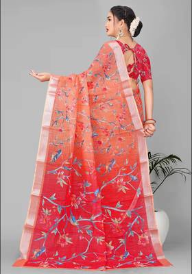 orange floral linen cotton digital print saree (orange) 5
