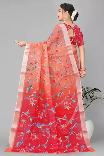 orange floral linen cotton digital print saree (orange)