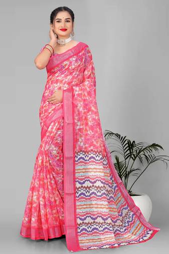 pink floral linen cotton digital print saree (pink)