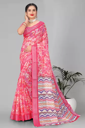 pink floral linen cotton digital print saree (pink)
