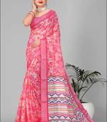 pink floral linen cotton digital print saree (pink)