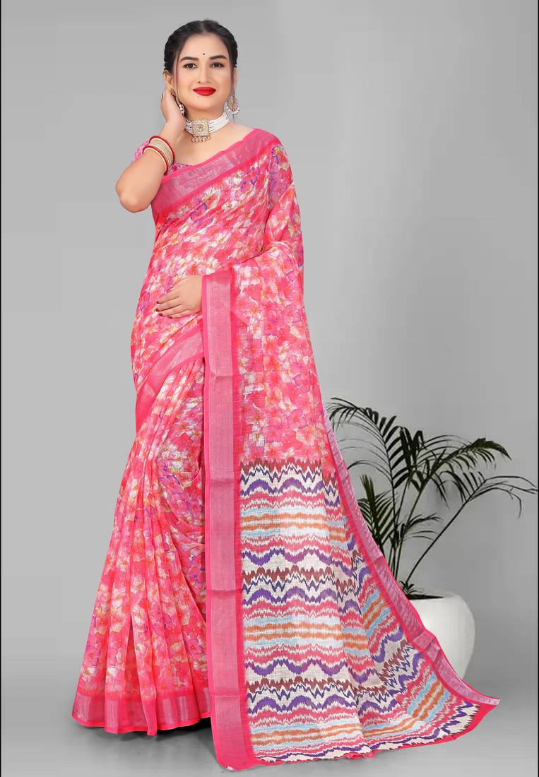 pink floral linen cotton digital print saree (pink)
