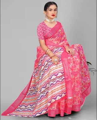 pink floral linen cotton digital print saree (pink) 3