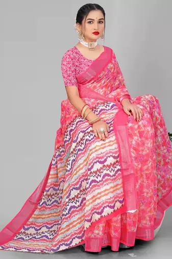 pink floral linen cotton digital print saree (pink)