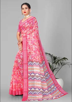 pink floral linen cotton digital print saree (pink) 4
