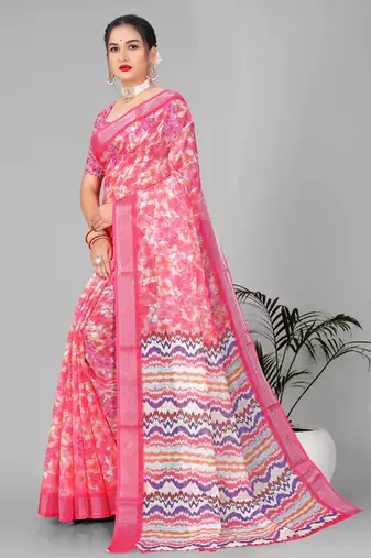 pink floral linen cotton digital print saree (pink)