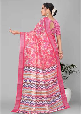 pink floral linen cotton digital print saree (pink) 5