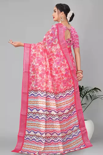 pink floral linen cotton digital print saree (pink)