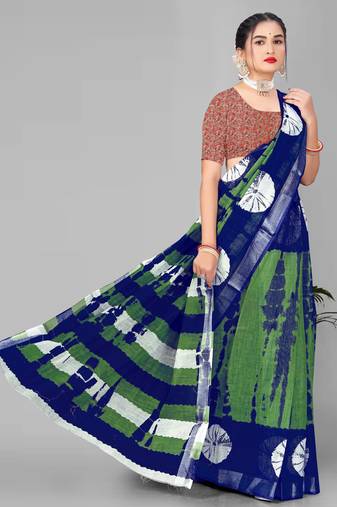 green  linen cotton digital print saree (multi)