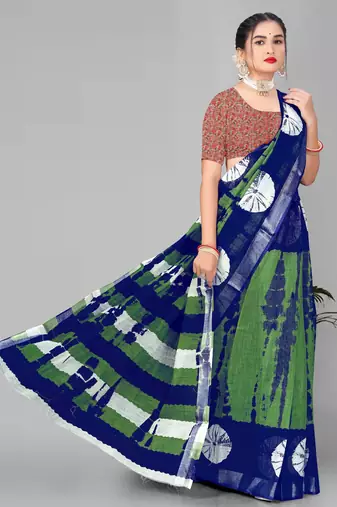 green  linen cotton digital print saree (multi)