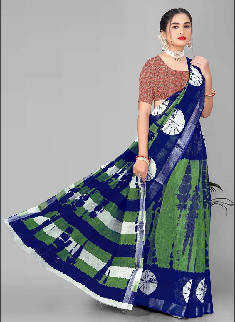green  linen cotton digital print saree (multi)